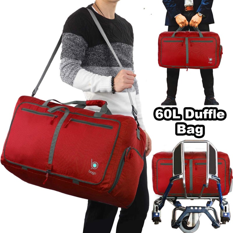 Bago Foldable Duffel Bags for Traveling Women & Men - 60L Medium Packable Duffle Bag for Travel with Shoe Compartment - Water Repellant, Heavy Duty, Lightweight Folding & Collapsible (Red) - Image 3